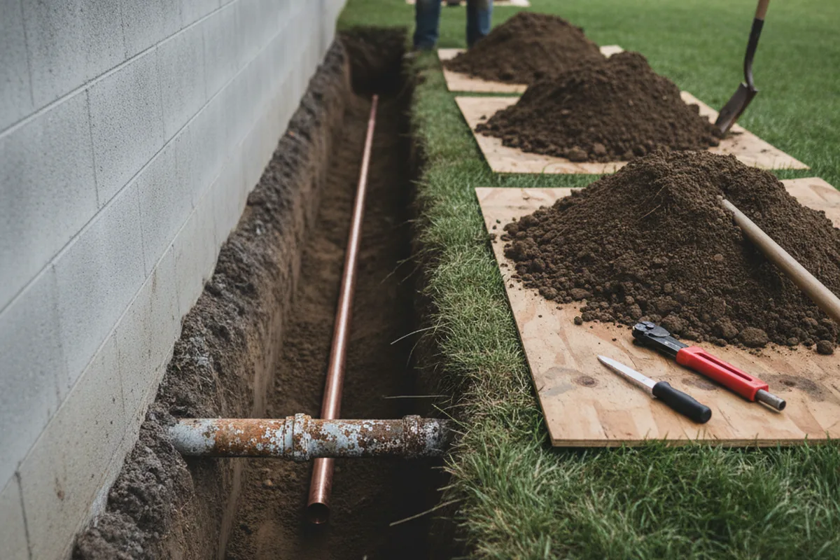 Excavated water line trench during Water Heater Repair in Stoney Fork